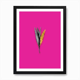 Vintage Autumn Crocus Black and White Gold Leaf Floral Art on Hot Pink Art Print