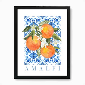 Orange Fruit Blue Tiles Print Art Print