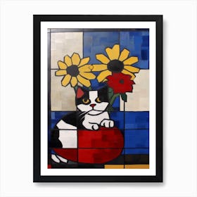 Daisies With A Cat 3 De Stijl Style Mondrian Art Print