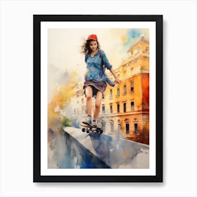 Girl Skateboarding In Rome, Italy Watercolour 4 Art Print