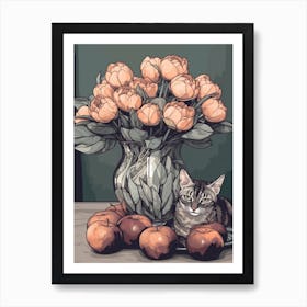 Drawing Of A Still Life Of Proteas With A Cat 3 Art Print