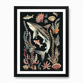 White Tip Reef Shark Seascape Black Background Illustration 4 Art Print