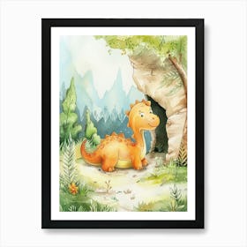 Cute Dinosaur Finds A Cave Storybook Illustration Art Print