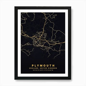 Plymouth Devon England Black And Gold Map Art Print