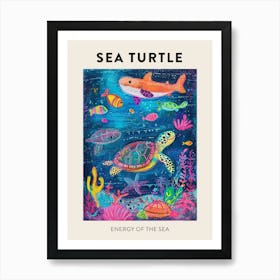 Sea Turtle & Friends Rainbow Scribble Poster Art Print