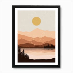 Landscape Mountains Sun Lake Pine Trees Art Print