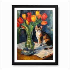 Flower Vase Tulips With A Cat 4 Impressionism, Cezanne Style Art Print