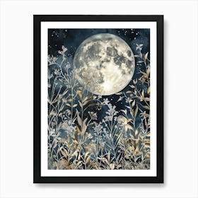 William Morris Full Moon Night Flowers Vintage  Art Print