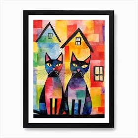 Colourful Patchwork Cats In Front Of A House Art Print