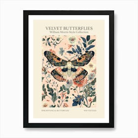 Velvet Butterflies Collection Pink Botanical Butterflies William Morris Style 1 Art Print