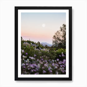 Full Moon Mountain Sunset With Purple Flowers Art Print