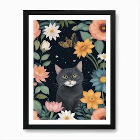 Black Cat In Flowers 5 Art Print