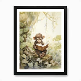 Monkey Painting Reading Watercolour 4 Art Print