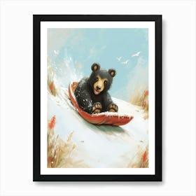 American Black Bear Cub Sledding Down A Snowy Hill Storybook Illustration 3 Art Print