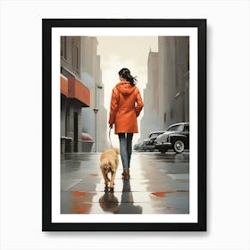 Woman Walking Her Dog art print Art Print