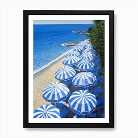 Striped Blue And White Beach Umbrellas In Italy 2 Art Print
