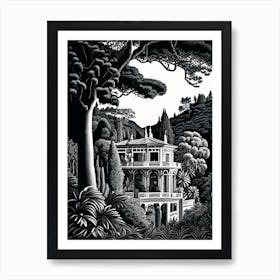 Villa Carlotta, 1, Italy Linocut Black And White Vintage Art Print