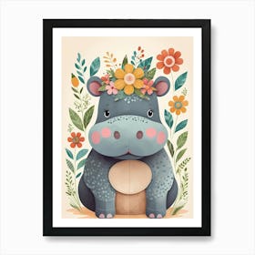 Floral Baby Hippo Nursery Illustration (13) Art Print