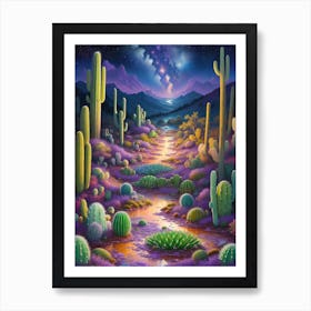 Purple Salt Lake Surrounded By A Cactus Forest, Bathed In Starlight Art Print