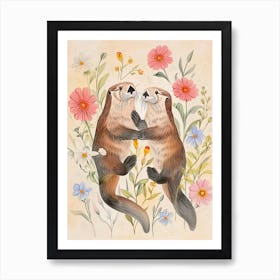 Folksy Floral Animal Drawing Otter 4 Art Print