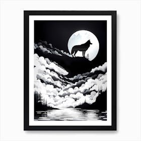 Wolf Howling At The Moon, black and white monochromatic art Art Print