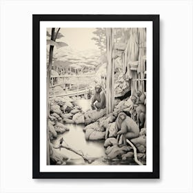 Jigokudani Monkey Park In Nagano, Ukiyo E Black And White Line Art Drawing 1 Art Print