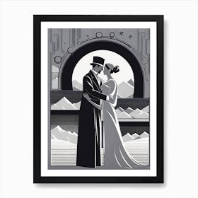 Wedding In The Mountains Wood Print, monochromatic vector art Art Print