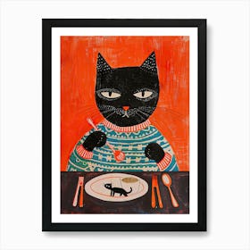 Black And Orange Cat Having Breakfast Folk Illustration 3 Art Print
