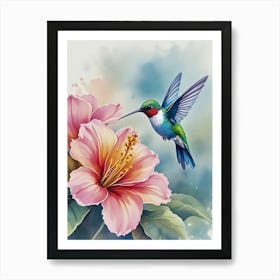 Hummingbird & Flower, Wall Art Style In Watercolo Art Print