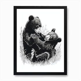 Malayan Sun Bear Playing Together In A Meadow Ink Illustration 4 Art Print