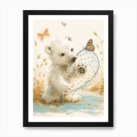 Polar Bear Cub Playing With A Butterfly Net Storybook Illustration 4 Art Print