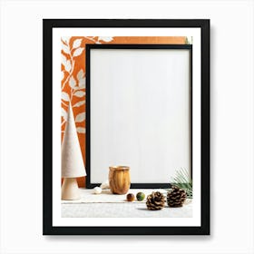 Autumnal Still Life Featuring A Cone A Framed Cotton Acorn And Pine Leaves On A Minimalistic Table Art Print