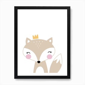 Scandi Beige Fox With Crown Art Print