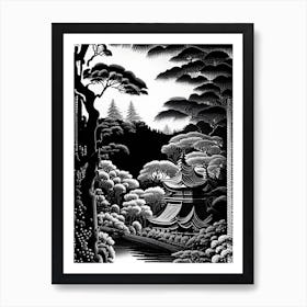 Kenrokuen, Japan Linocut Black And White Vintage Art Print
