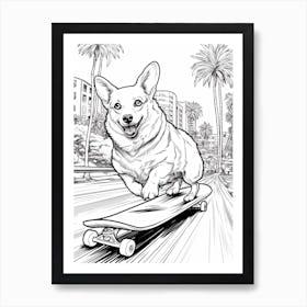 Pembroke Welsh Corgi Dog Skateboarding Line Art 4 Art Print