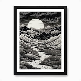 The Japanese Alps In Multiple Prefectures, Ukiyo E Black And White Line Art Drawing 4 Art Print