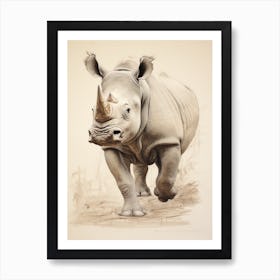 Vintage Rhino Walking Illustration  1 Art Print