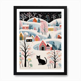 Black Cat In The Snow Winter Art Art Print