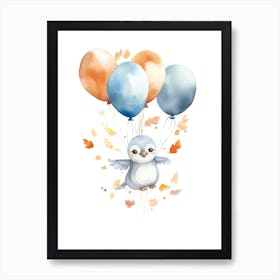 Dolphin Flying With Autumn Fall Pumpkins And Balloons Watercolour Nursery 1 Art Print