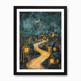 Village At Night With Stars and Moon In The Sky 6 Art Print