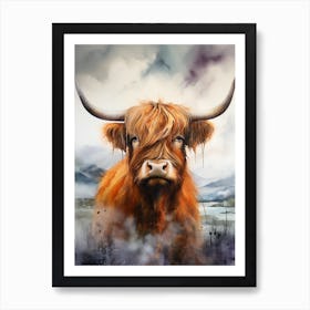 Close Up Watercolour Portrait Of Highland Cow In The Storm Poster