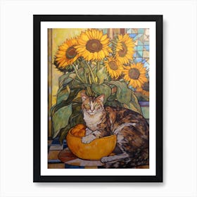 Sunflower With A Cat 4 Art Nouveau Style Art Print