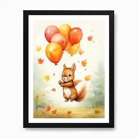 Squirrel Flying With Autumn Fall Pumpkins And Balloons Watercolour Nursery 3 Art Print