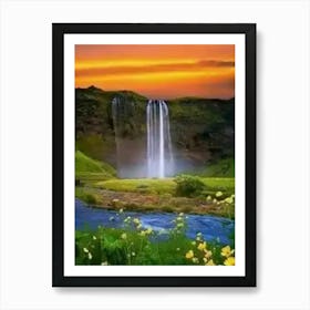 Waterfall At Sunset Art Print