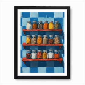 Spices On Shelves Blue Checkerboard Art Print