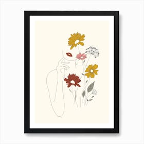 Colorful Thoughts Minimal Line Art Woman With Flowers III Art Print