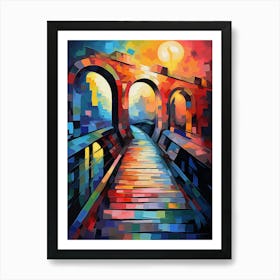 Stone Bridge at Sunset, Abstract Vibrant Colorful Painting in Van Gogh Style Art Print