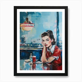 American Diner Retro Woman Portrait Red & Blue Art Print