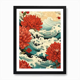 Great Wave With Dahlia Flower Drawing In The Style Of Ukiyo E 4 Art Print