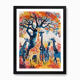 Cute Giraffe Herd Under The Trees Illustration 3 Art Print